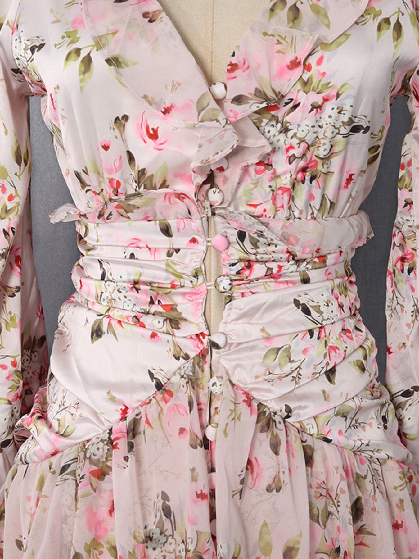 Floral Ruffle Mini Party Dress V-Neck Ruched Buttoned Corset Waist Long Sleeve