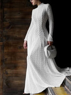 Lace Maxi Dress Mock Neck Long Sleeve White Sheer Lined Wave Ruffle Mesh