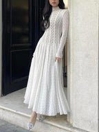 Lace Maxi Dress Mock Neck Long Sleeve White Sheer Lined Wave Ruffle Mesh