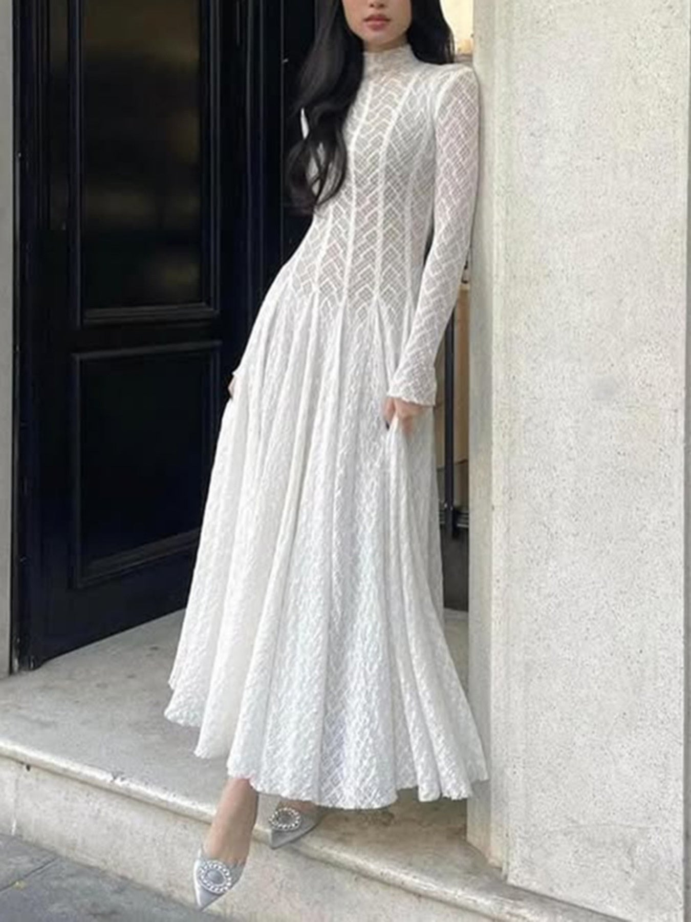 Lace Maxi Dress Mock Neck Long Sleeve White Sheer Lined Wave Ruffle Mesh