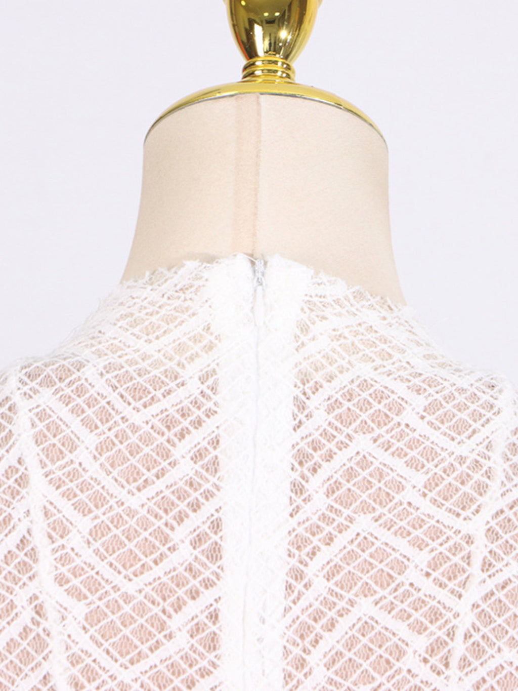 Lace Maxi Dress Mock Neck Long Sleeve White Sheer Lined Wave Ruffle Mesh