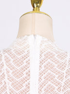 Lace Maxi Dress Mock Neck Long Sleeve White Sheer Lined Wave Ruffle Mesh