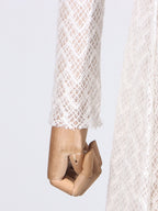 Lace Maxi Dress Mock Neck Long Sleeve White Sheer Lined Wave Ruffle Mesh
