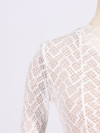 Lace Maxi Dress Mock Neck Long Sleeve White Sheer Lined Wave Ruffle Mesh