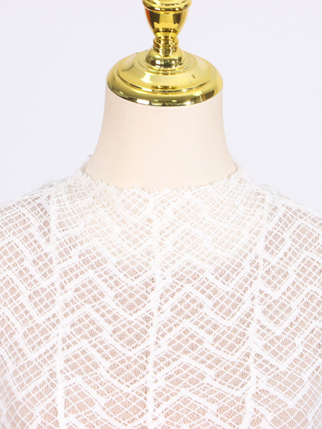 Lace Maxi Dress Mock Neck Long Sleeve White Sheer Lined Wave Ruffle Mesh