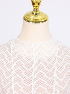 Lace Maxi Dress Mock Neck Long Sleeve White Sheer Lined Wave Ruffle Mesh