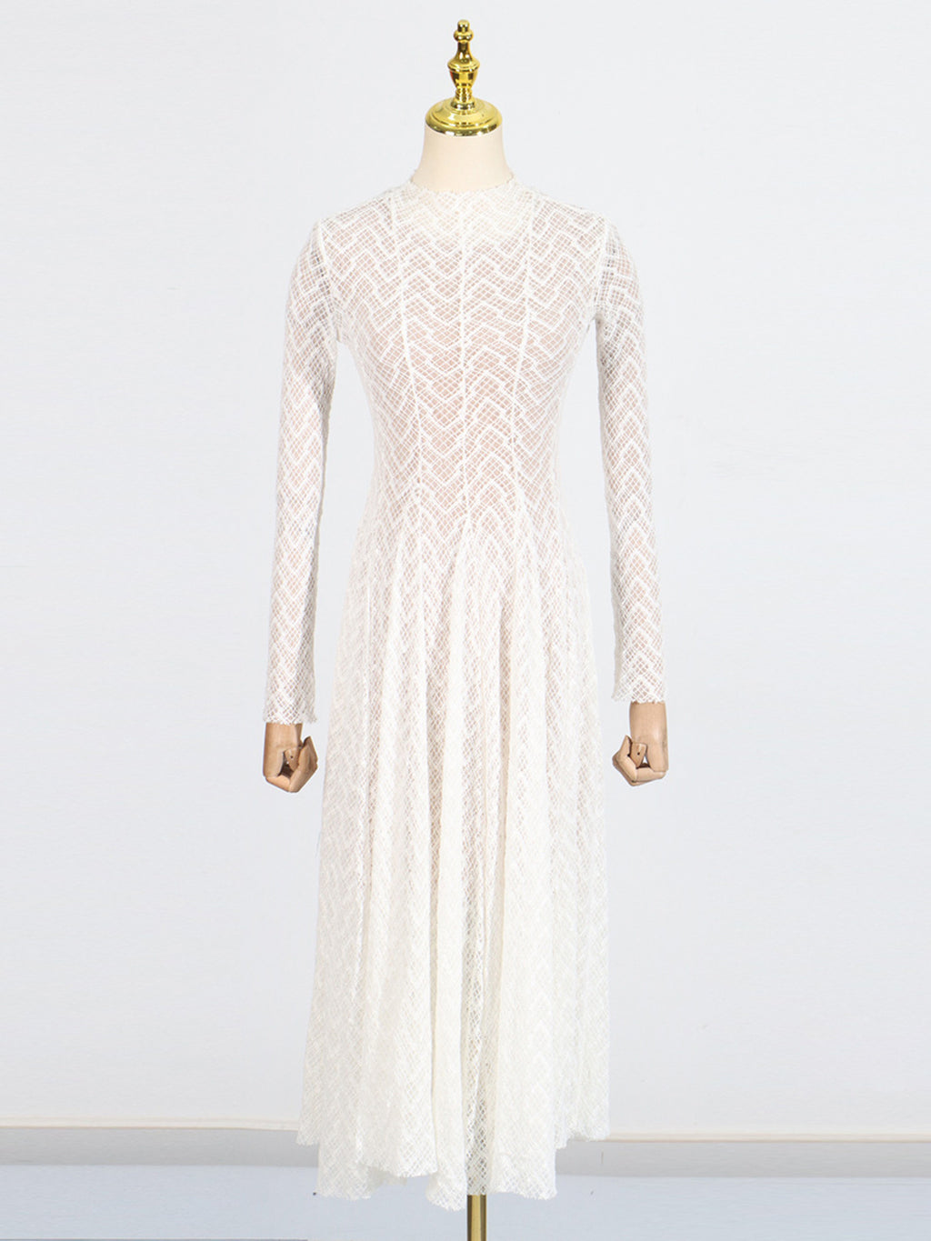 Lace Maxi Dress Mock Neck Long Sleeve White Sheer Lined Wave Ruffle Mesh