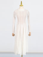 Lace Maxi Dress Mock Neck Long Sleeve White Sheer Lined Wave Ruffle Mesh