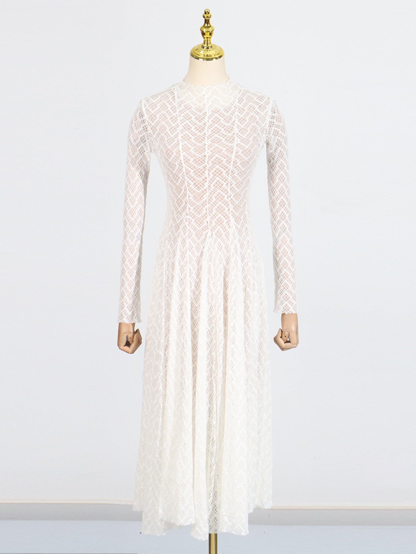 Lace Maxi Dress Mock Neck Long Sleeve White Sheer Lined Wave Ruffle Mesh