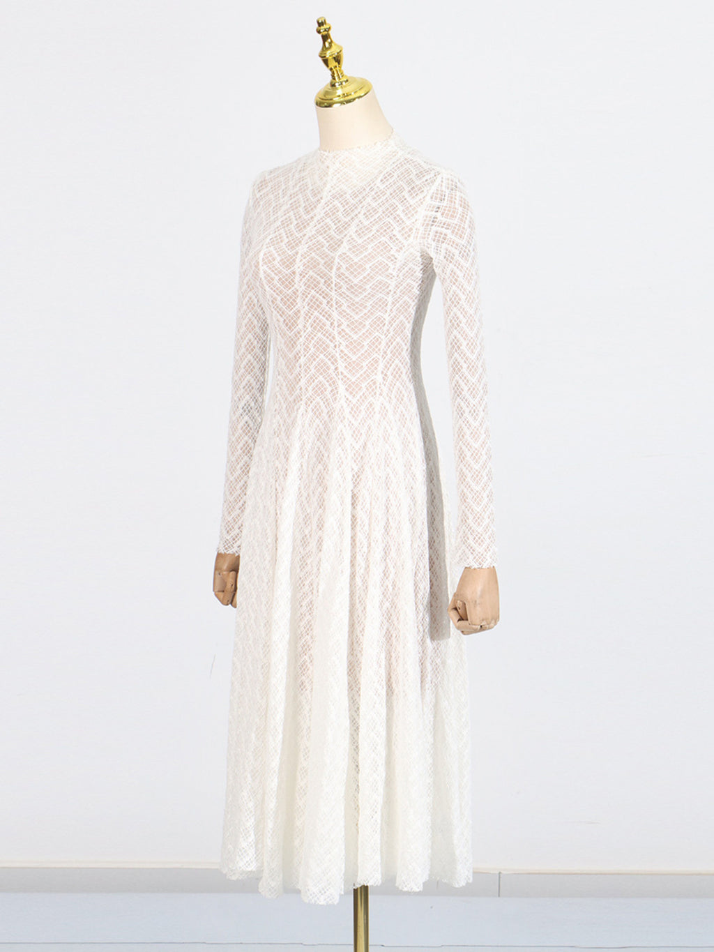 Lace Maxi Dress Mock Neck Long Sleeve White Sheer Lined Wave Ruffle Mesh