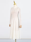 Lace Maxi Dress Mock Neck Long Sleeve White Sheer Lined Wave Ruffle Mesh