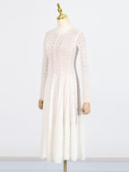 Lace Maxi Dress Mock Neck Long Sleeve White Sheer Lined Wave Ruffle Mesh