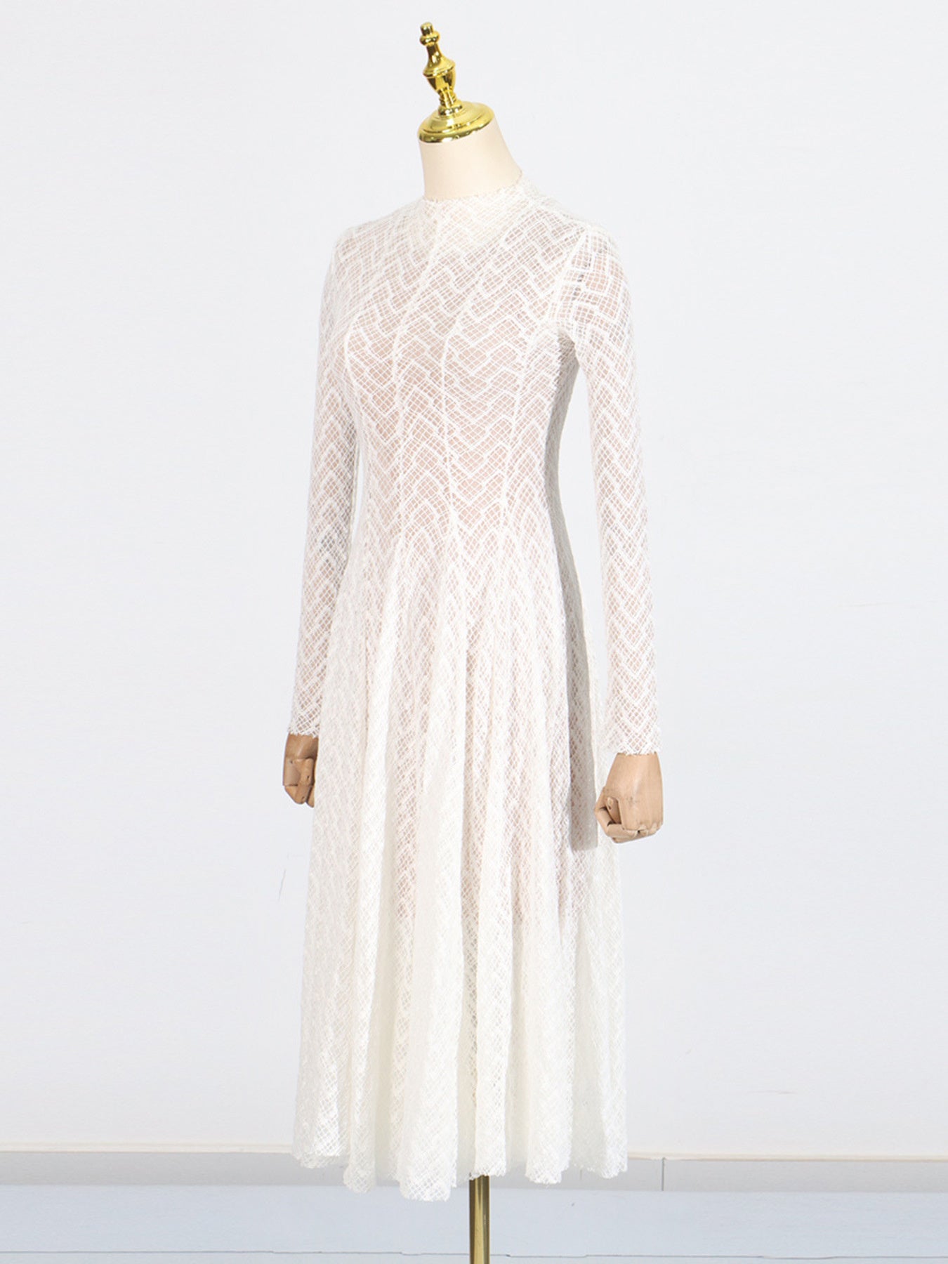 Lace Maxi Dress Mock Neck Long Sleeve White Sheer Lined Wave Ruffle Mesh