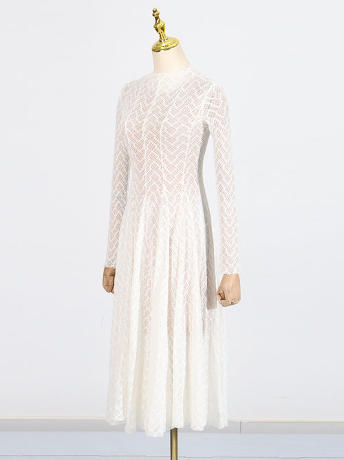 Lace Maxi Dress Mock Neck Long Sleeve White Sheer Lined Wave Ruffle Mesh