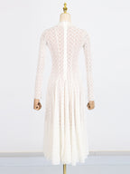 Lace Maxi Dress Mock Neck Long Sleeve White Sheer Lined Wave Ruffle Mesh