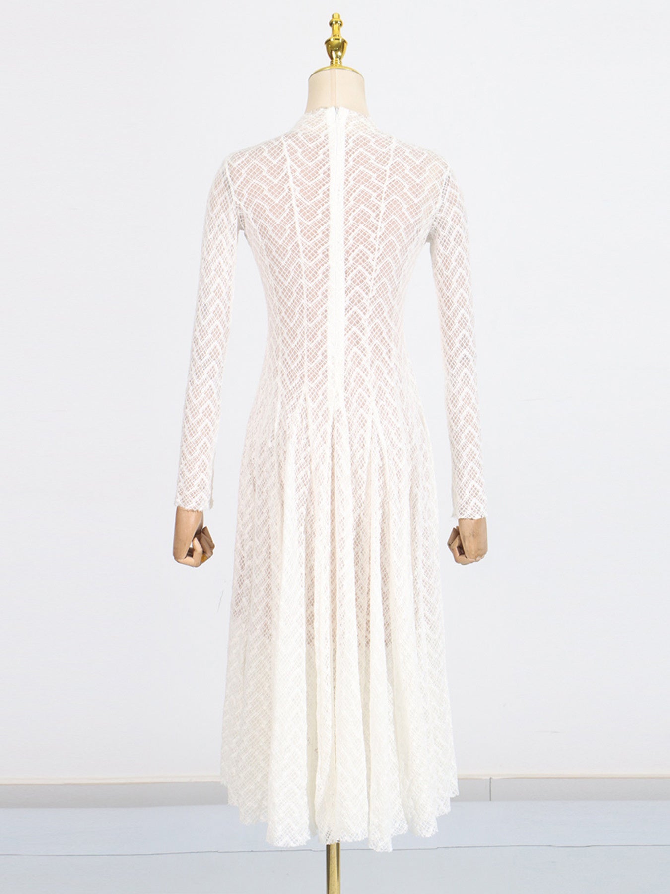 Lace Maxi Dress Mock Neck Long Sleeve White Sheer Lined Wave Ruffle Mesh