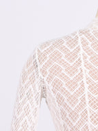 Lace Maxi Dress Mock Neck Long Sleeve White Sheer Lined Wave Ruffle Mesh