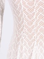 Lace Maxi Dress Mock Neck Long Sleeve White Sheer Lined Wave Ruffle Mesh