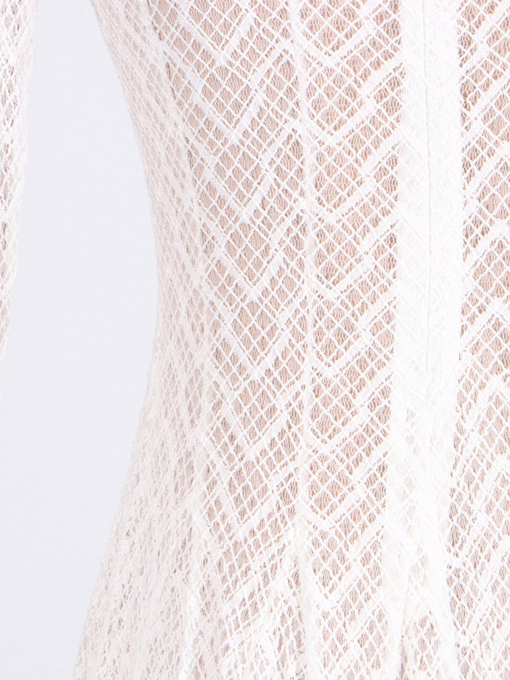 Lace Maxi Dress Mock Neck Long Sleeve White Sheer Lined Wave Ruffle Mesh