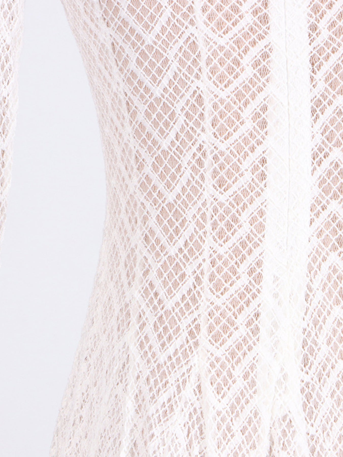 Lace Maxi Dress Mock Neck Long Sleeve White Sheer Lined Wave Ruffle Mesh