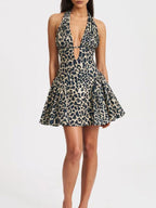 Sexy Minikleid V-Ausschnitt Neckholder Rüschen Ärmellos Cutout Leopard Blumenmuster Rückenfrei