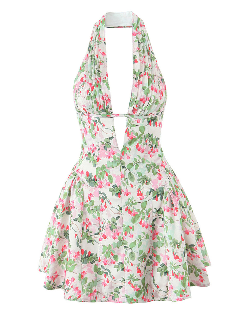 Sexy Mini Dress V-Neck Halter Ruffle Sleeveless Cutout Leopard Floral Backless
