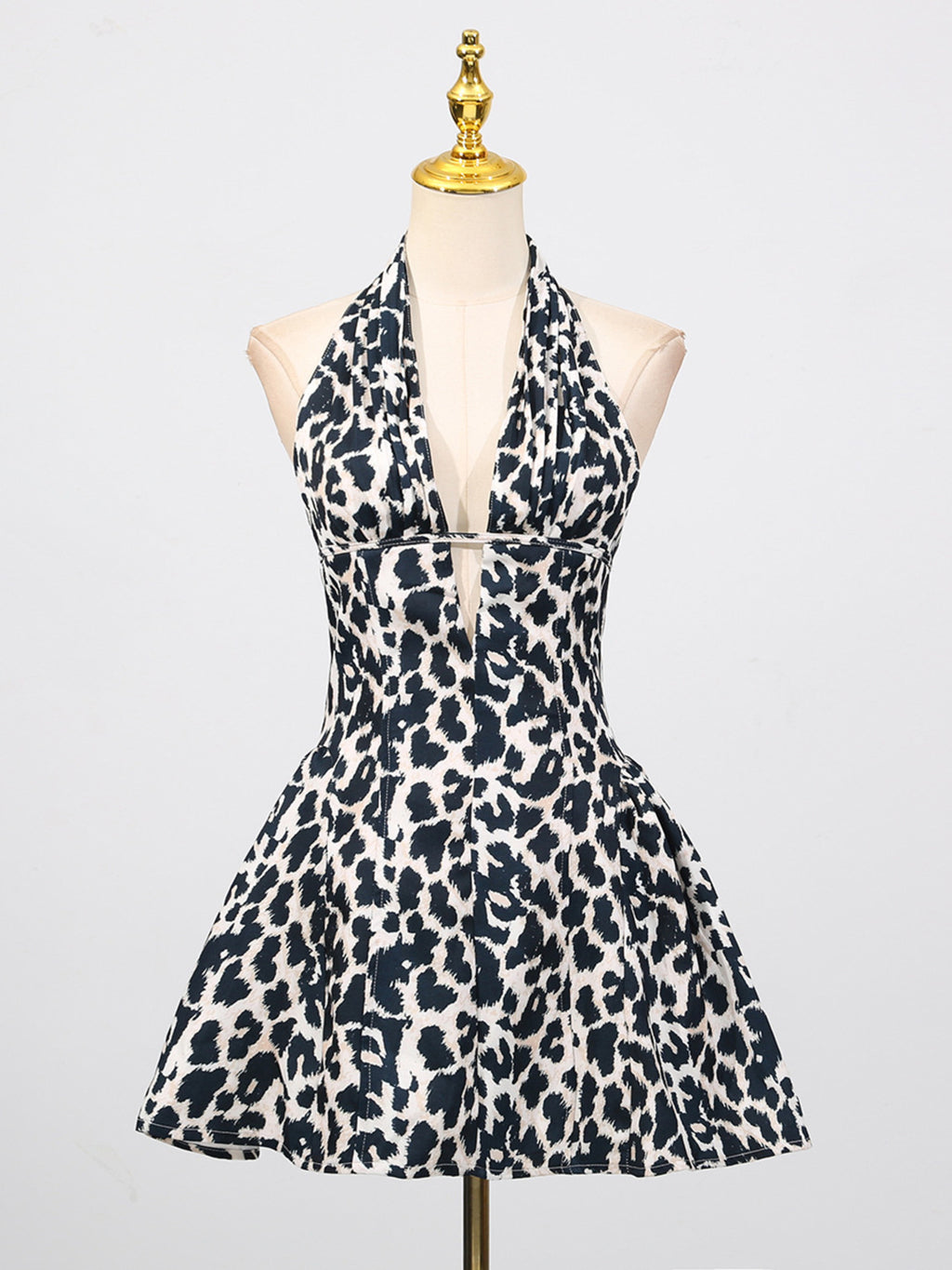 Sexy Mini Dress V-Neck Halter Ruffle Sleeveless Cutout Leopard Floral Backless