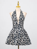 Sexy Minikleid V-Ausschnitt Neckholder Rüschen Ärmellos Cutout Leopard Blumenmuster Rückenfrei