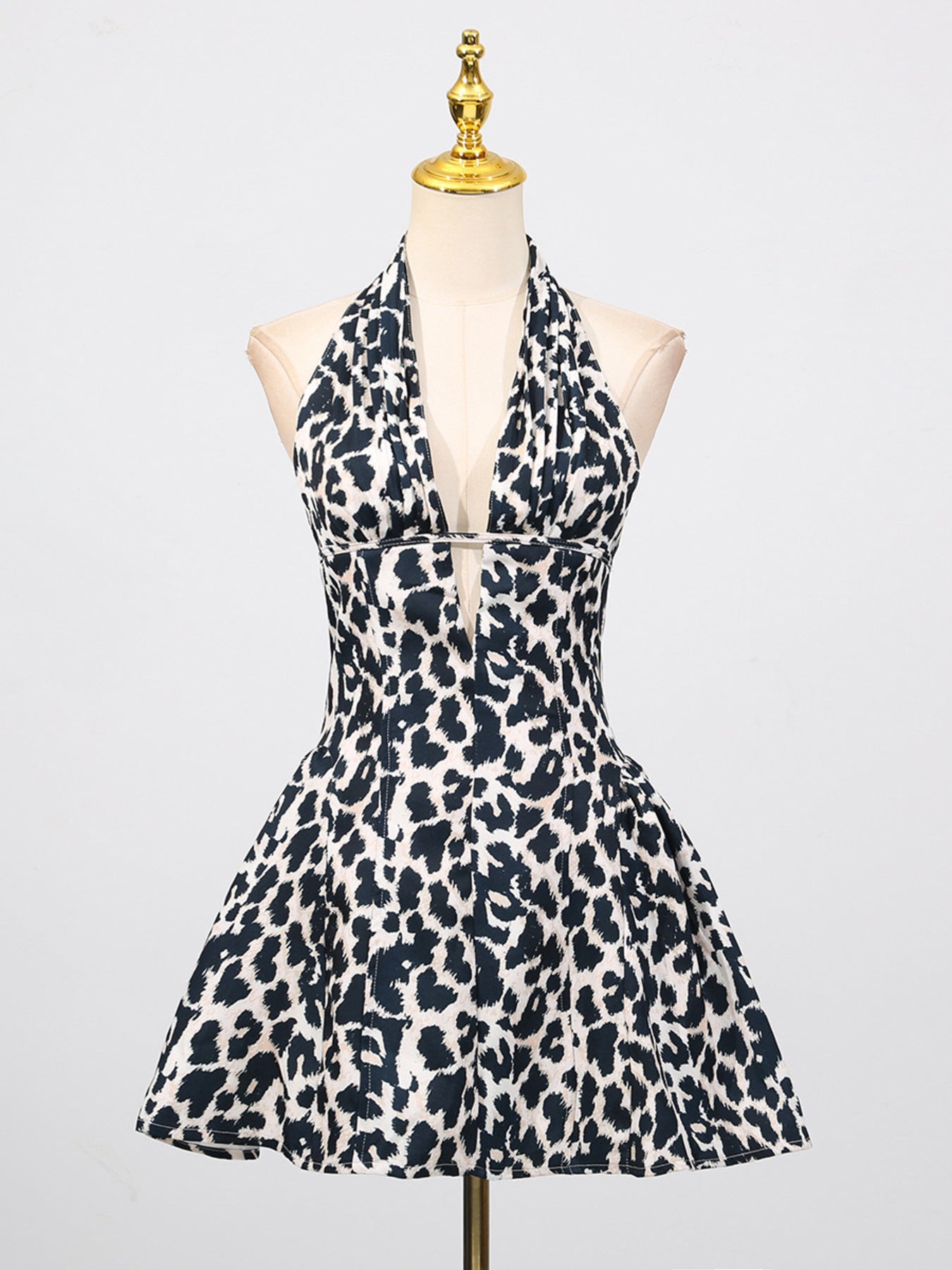 Sexy Mini Dress V-Neck Halter Ruffle Sleeveless Cutout Leopard Floral Backless