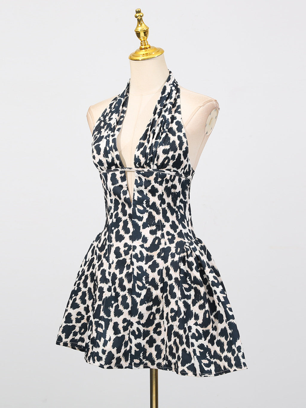 Sexy Mini Dress V-Neck Halter Ruffle Sleeveless Cutout Leopard Floral Backless