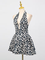 Sexy Minikleid V-Ausschnitt Neckholder Rüschen Ärmellos Cutout Leopard Blumenmuster Rückenfrei