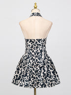 Sexy Minikleid V-Ausschnitt Neckholder Rüschen Ärmellos Cutout Leopard Blumenmuster Rückenfrei