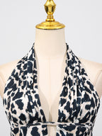 Sexy Minikleid V-Ausschnitt Neckholder Rüschen Ärmellos Cutout Leopard Blumenmuster Rückenfrei