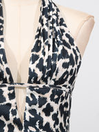 Sexy Minikleid V-Ausschnitt Neckholder Rüschen Ärmellos Cutout Leopard Blumenmuster Rückenfrei