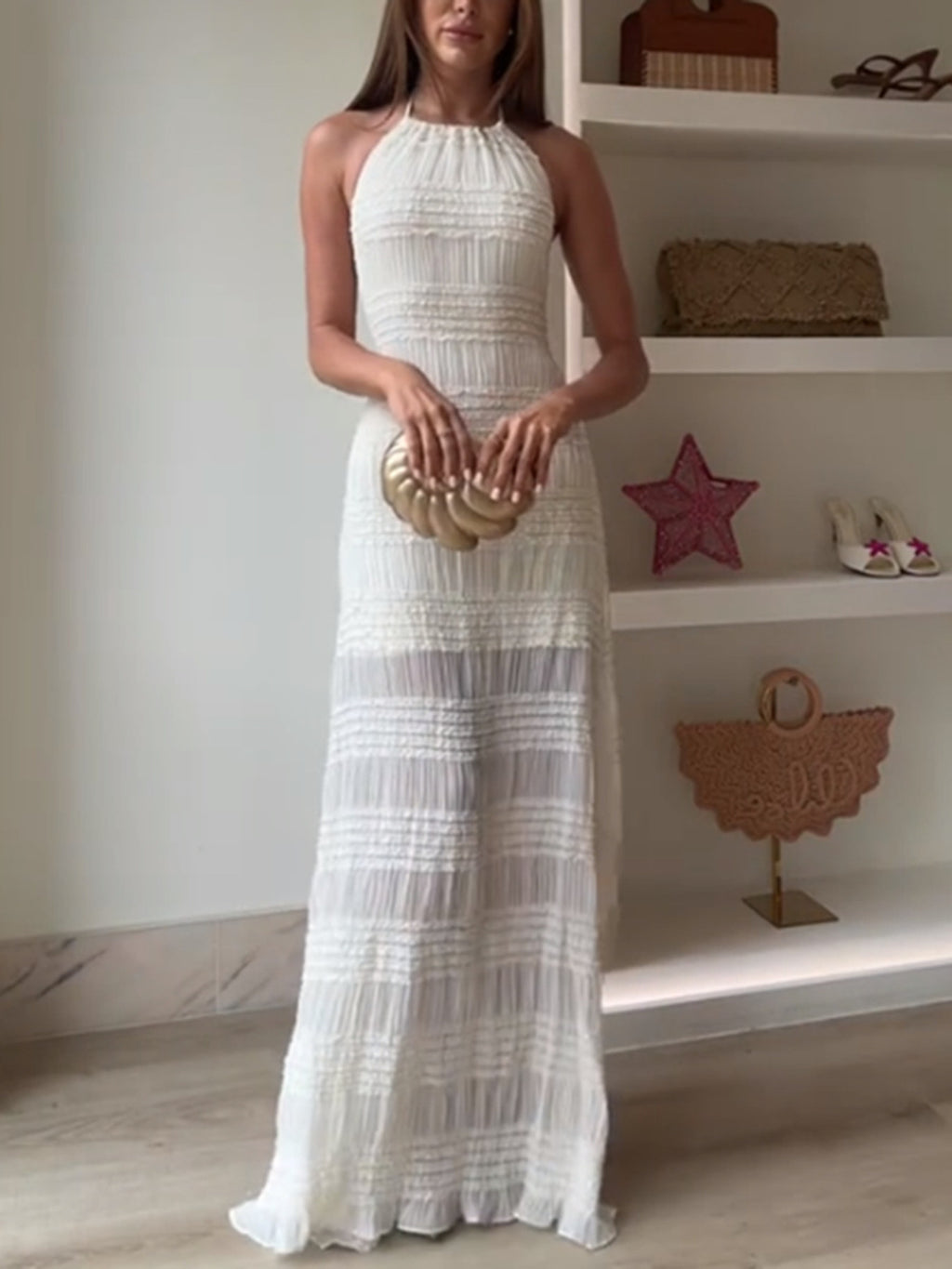 Halter Maxi Dress Ruched Ruffle Layered Sleeveless Party Backless Tied Smocked