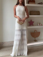 Halter Maxi Dress Ruched Ruffle Layered Sleeveless Party Backless Tied Smocked