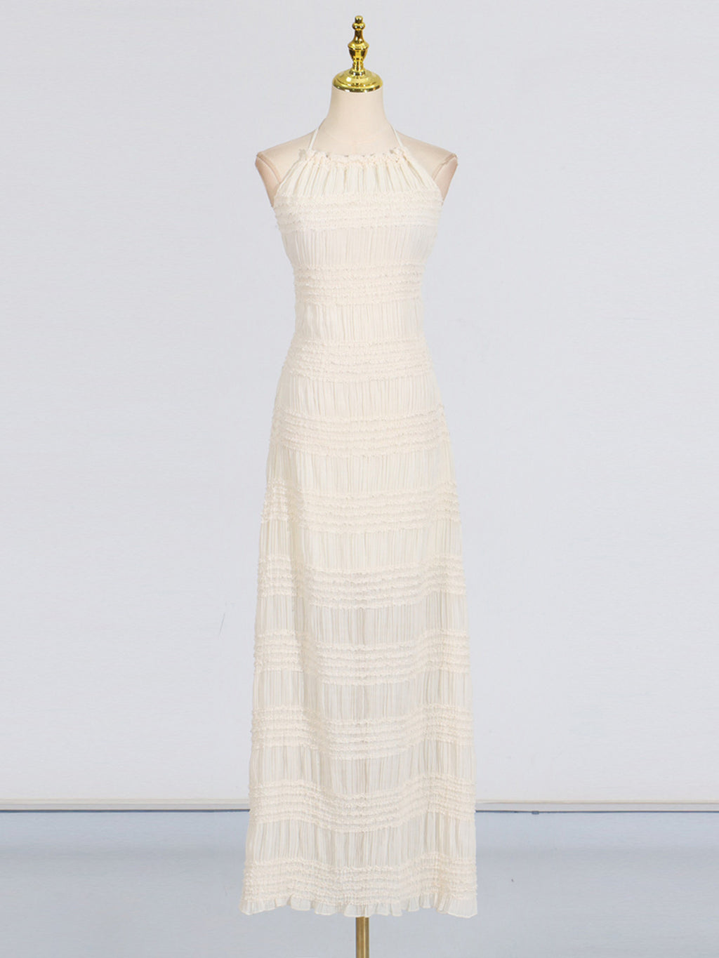Halter Maxi Dress Ruched Ruffle Layered Sleeveless Party Backless Tied Smocked
