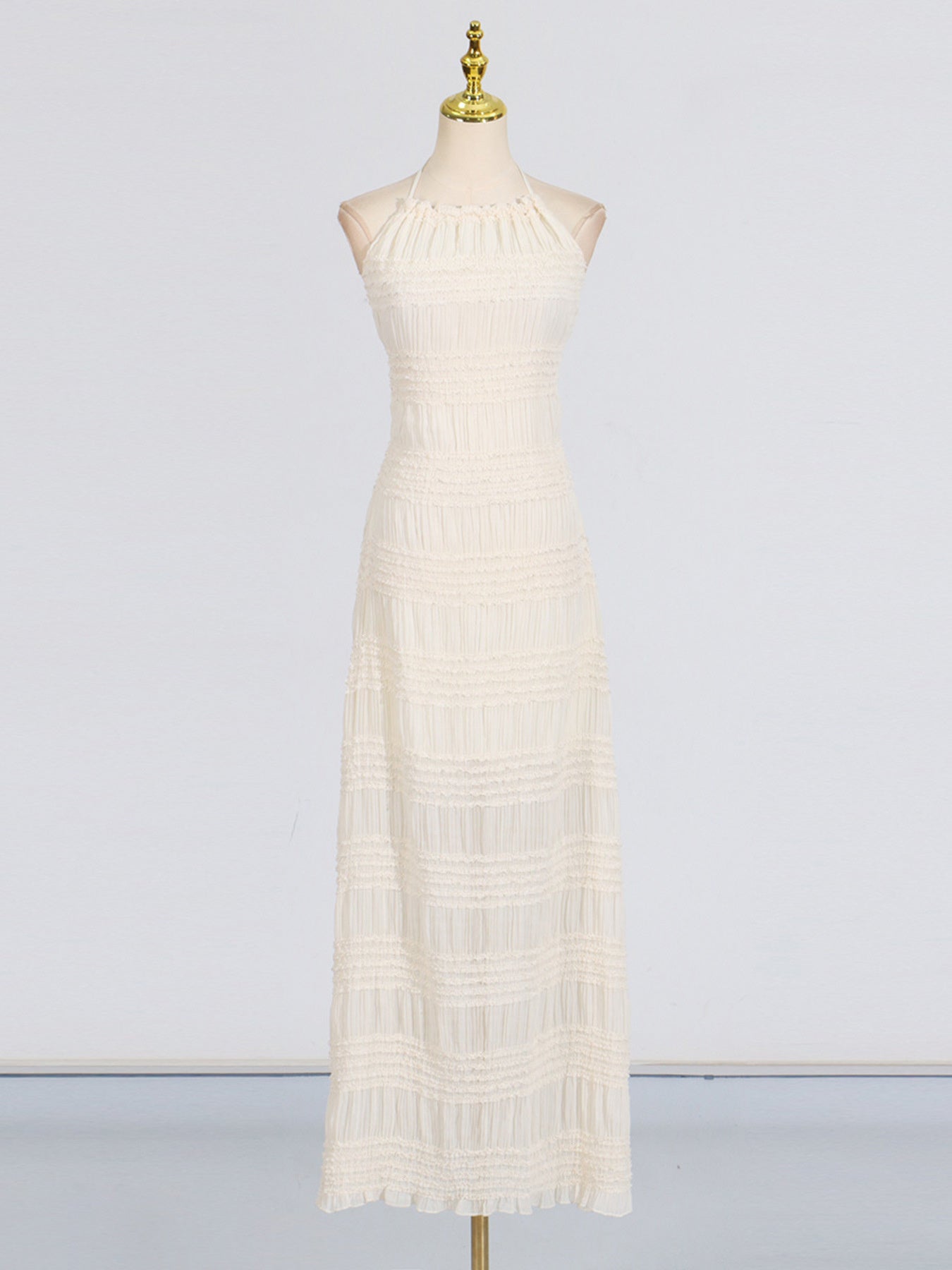 Halter Maxi Dress Ruched Ruffle Layered Sleeveless Party Backless Tied Smocked