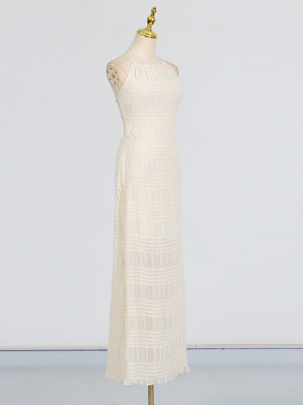 Halter Maxi Dress Ruched Ruffle Layered Sleeveless Party Backless Tied Smocked