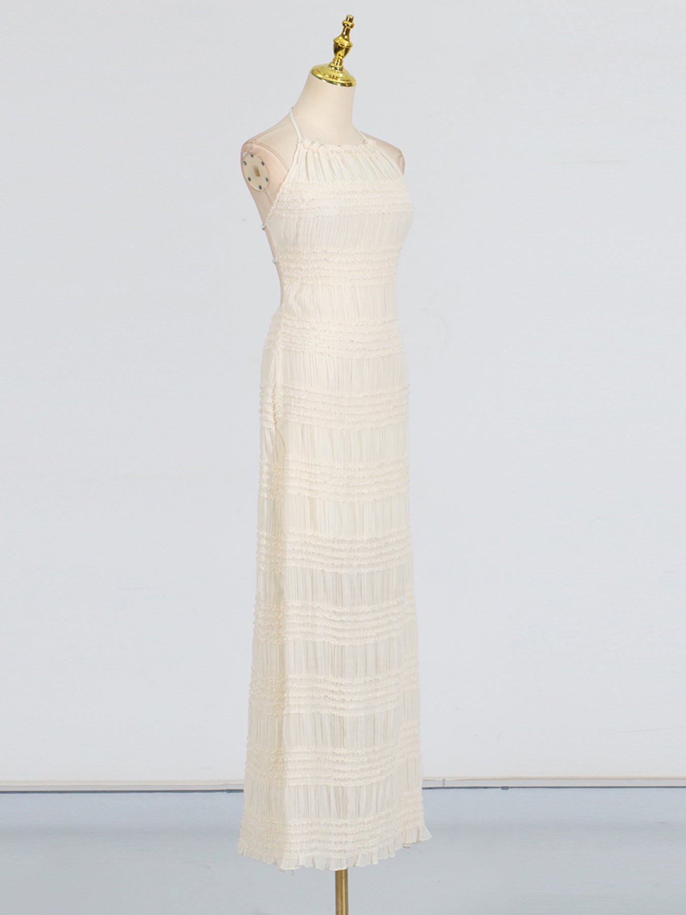 Halter Maxi Dress Ruched Ruffle Layered Sleeveless Party Backless Tied Smocked