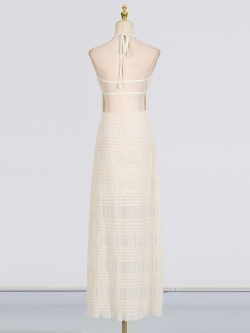 Halter Maxi Dress Ruched Ruffle Layered Sleeveless Party Backless Tied Smocked