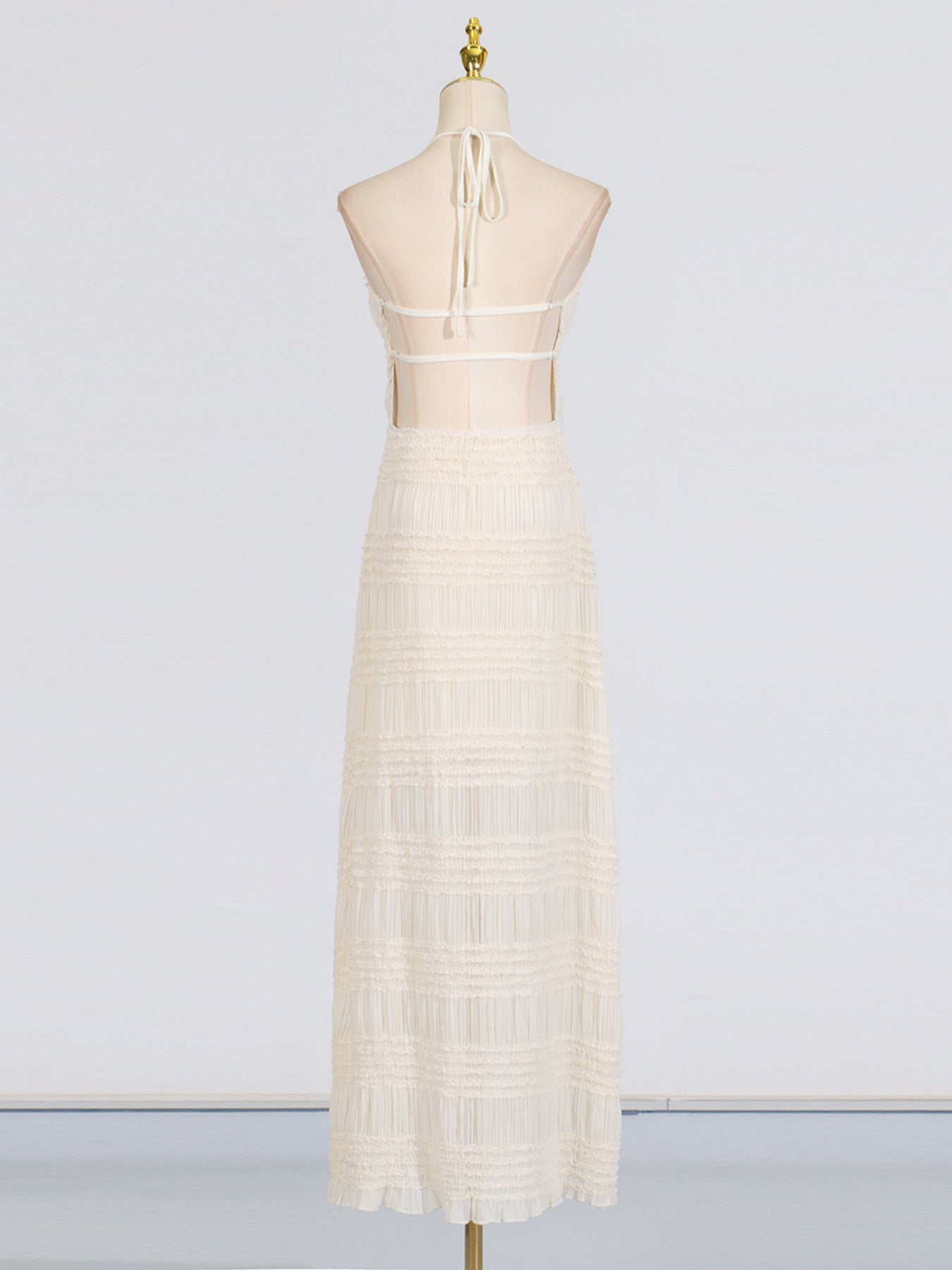 Halter Maxi Dress Ruched Ruffle Layered Sleeveless Party Backless Tied Smocked