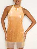 Sequin Mini Dress Halter Neck Backless Tied Party Sleeveless Mesh Lightweight