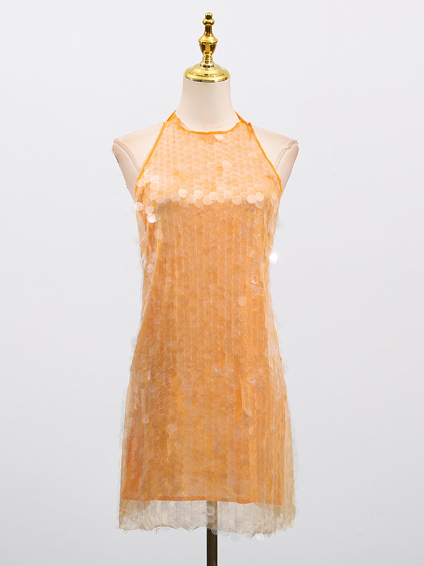 Sequin Mini Dress Halter Neck Backless Tied Party Sleeveless Mesh Lightweight