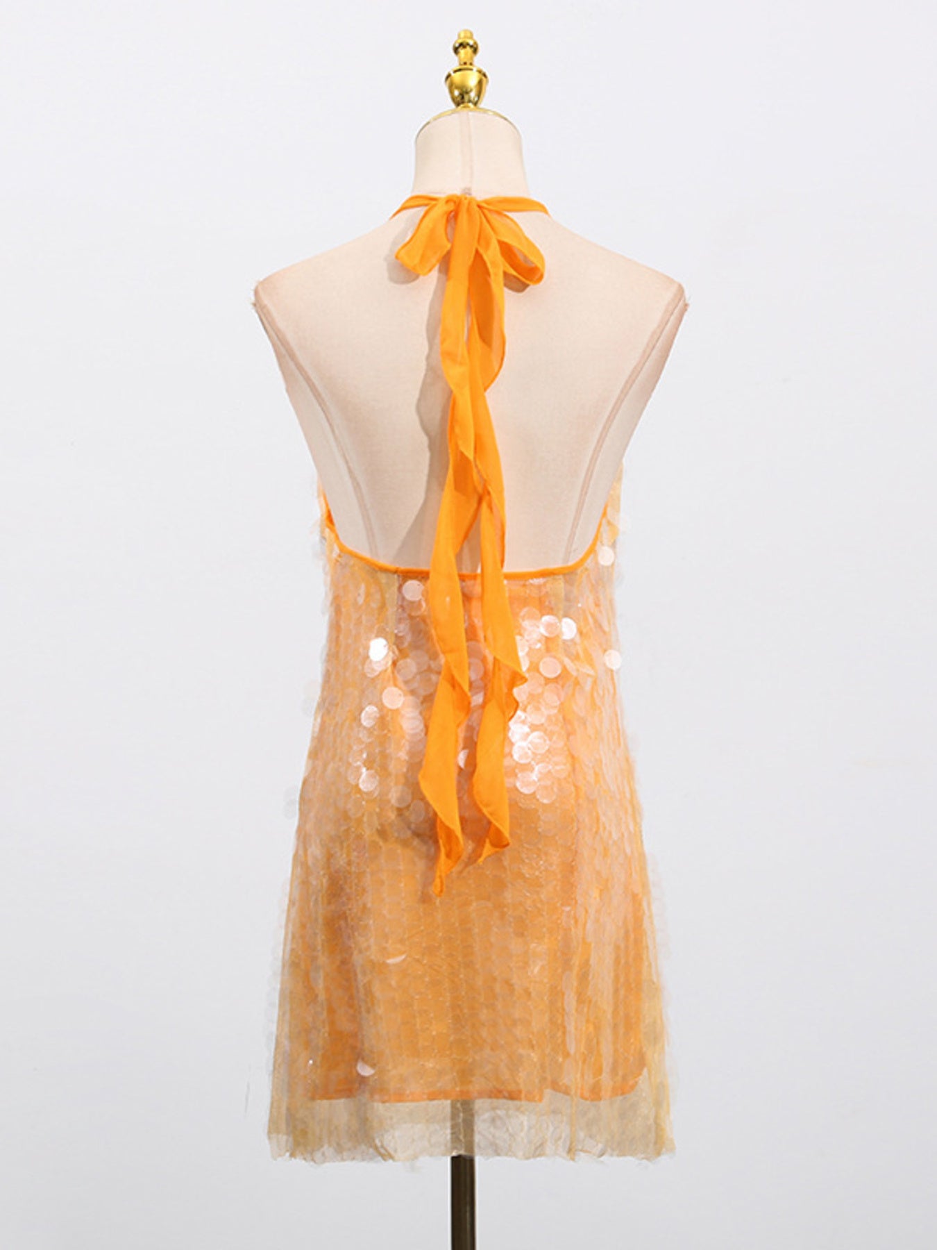 Sequin Mini Dress Halter Neck Backless Tied Party Sleeveless Mesh Lightweight
