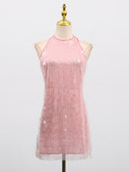Sequin Mini Dress Halter Neck Backless Tied Party Sleeveless Mesh Lightweight