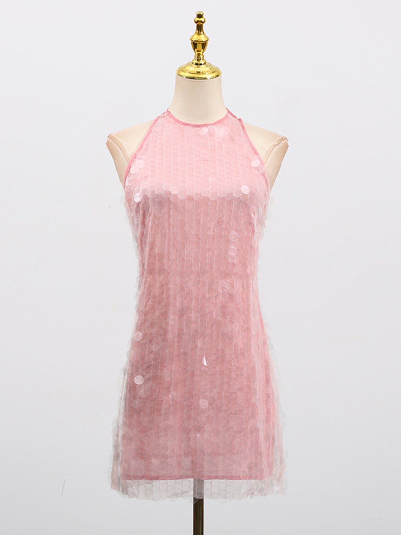 Sequin Mini Dress Halter Neck Backless Tied Party Sleeveless Mesh Lightweight