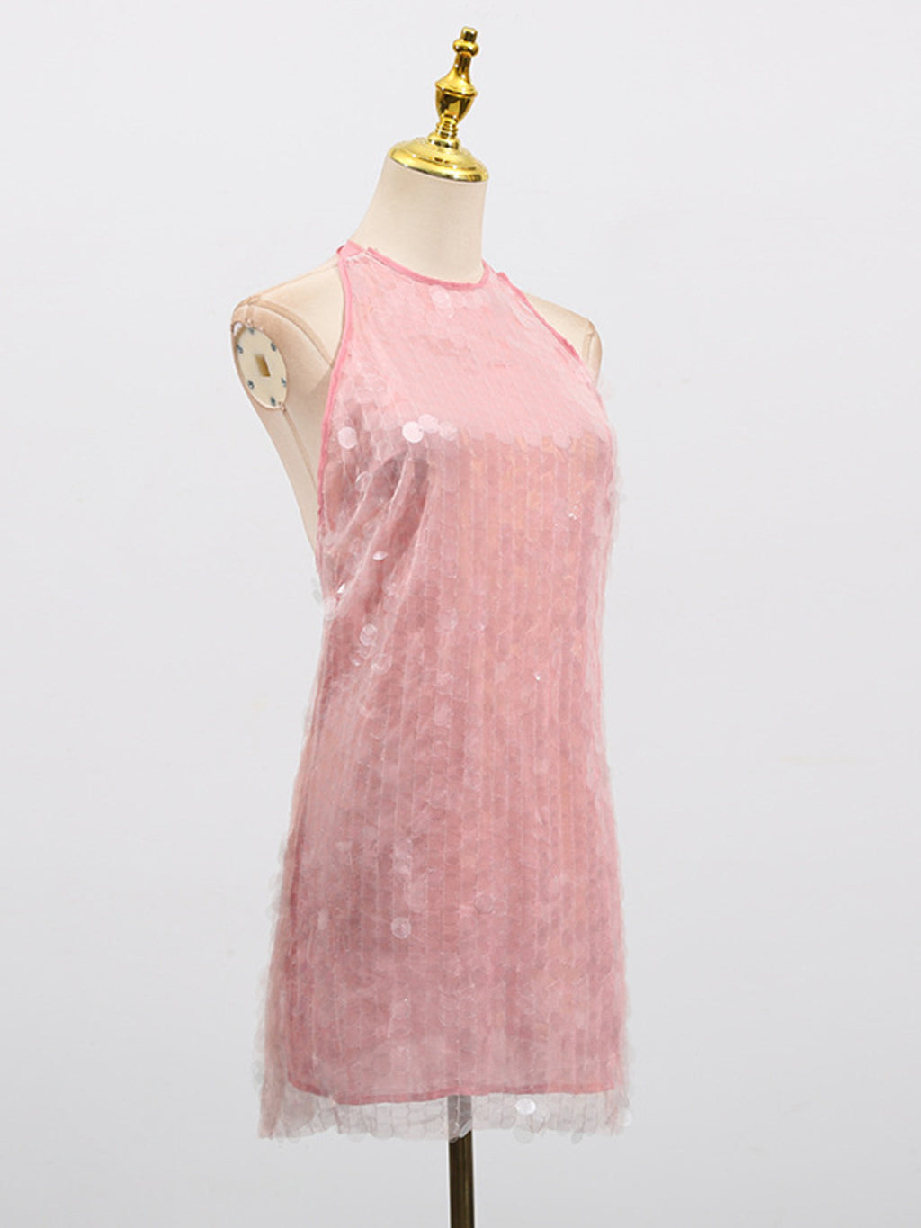 Sequin Mini Dress Halter Neck Backless Tied Party Sleeveless Mesh Lightweight