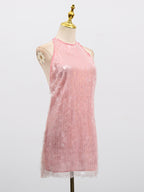 Sequin Mini Dress Halter Neck Backless Tied Party Sleeveless Mesh Lightweight