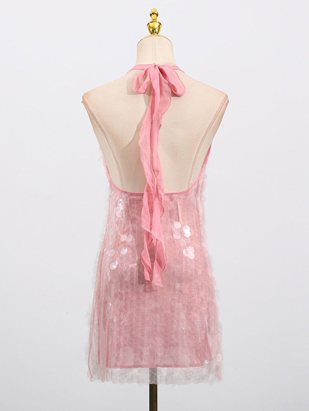 Sequin Mini Dress Halter Neck Backless Tied Party Sleeveless Mesh Lightweight